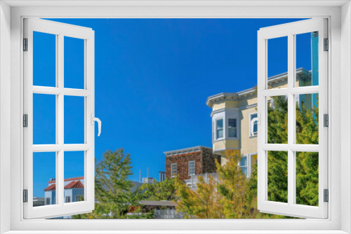 Fototapeta Naklejka Na Ścianę Okno 3D - Houses with trees and blue sky views in San Francisco California. Residential landscape with charming homes featuring bay windows, flat roof tops and colorful walls.