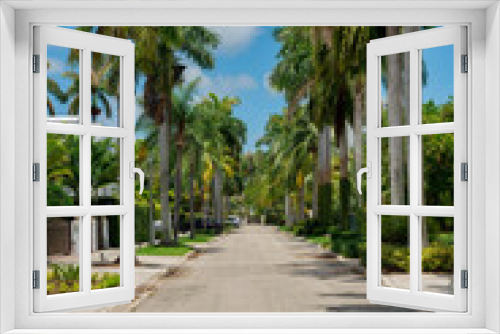 Fototapeta Naklejka Na Ścianę Okno 3D - Quiet street in the middle of gated residences at Miami, Florida. Concrete road with plants and palm trees on the side at the front of the gates.