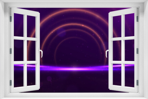 Abstract circle glowing gold lines on dark purple background with lighting effect and sparkle with copy space for text.