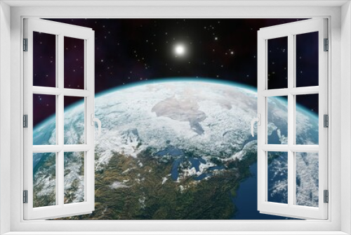 Fototapeta Naklejka Na Ścianę Okno 3D - Beautiful 3d earth planet 3d render. Concept of climate change, dark night, cities lights, sunrise. World planet satellite, Stars, nebula and galaxy. Sunrise from outer space