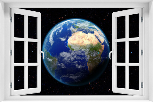 Fototapeta Naklejka Na Ścianę Okno 3D - Earth planet over starfield in deep space. Science fiction fictional cosmic background with earth globe and stars with NASA earth textures, detailed 3D render illustration.
