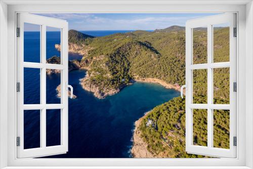 Fototapeta Naklejka Na Ścianę Okno 3D - Aerial photographs of the beaches of Cala Salada y Cala Saladeta ,on the island of Ibiza during a sunny summer day with blue sky and turquoise water