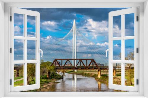 Fototapeta Naklejka Na Ścianę Okno 3D - Margaret Hunt-Hill Bridge + Train Bridge, Dallas, TX
