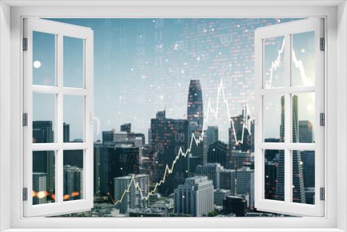 Multi exposure of virtual abstract financial chart hologram and world map on San Francisco skyscrapers background, research and analytics concept