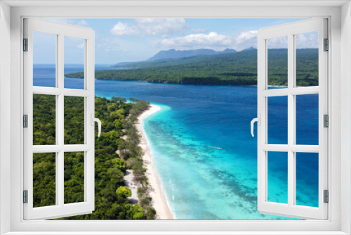 Fototapeta Naklejka Na Ścianę Okno 3D - Aerial view of remote, uninhabited Jaco Island and mainland Timor Leste, Southeast Asia, tropical island destination with white sandy beaches and stunning turquoise ocean views