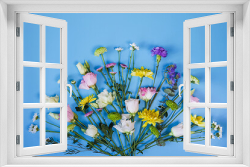 Fototapeta Naklejka Na Ścianę Okno 3D - Beautiful colourful summer bouquet separate flowers on blue background