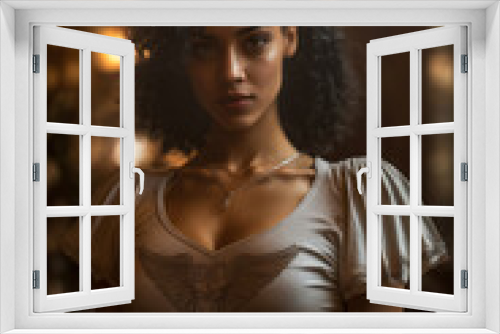 Fashion young african black woman looking at camera on a bar or restaurant background, portrait of attractive self-confident dark-skinned woman with afro hairstyle. Generative AI