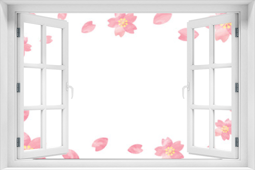 Fototapeta Naklejka Na Ścianę Okno 3D - 桜と桜の花びらが舞い散るフレーム_水彩