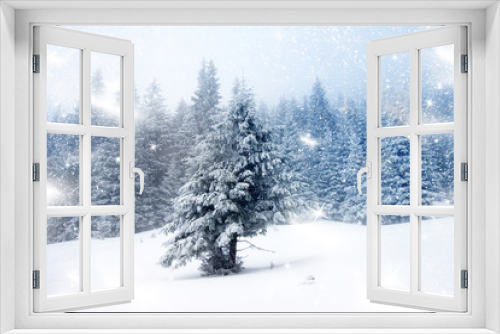 Fototapeta Naklejka Na Ścianę Okno 3D - Christmas background with snowy firs