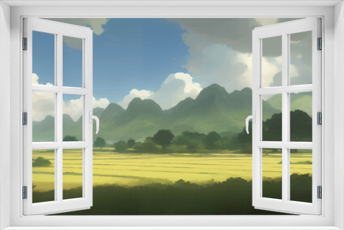 Fototapeta Naklejka Na Ścianę Okno 3D - Beautiful Mountains and Farmlands Scenery Detailed Hand Drawn Painting Illustration
