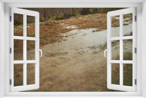 Fototapeta Naklejka Na Ścianę Okno 3D - water on the ground. sewage and draining problems. heavy rain in rural areas with water puddles on the soil