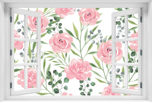 Fototapeta Naklejka Na Ścianę Okno 3D - Set of floral rose seamless pattern blooming flowers