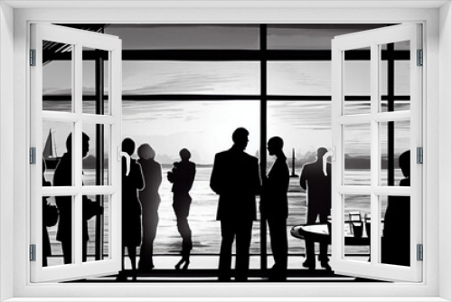 Networking event, business meeting, coffee break or buffet, silhouettes of people against the background of a panoramic window.
