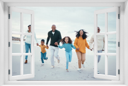 Grandparents, parents and children running on beach enjoy holiday, travel vacation and weekend together. Relax, smile and happy family portrait holding hands for bonding, quality time and fun by sea