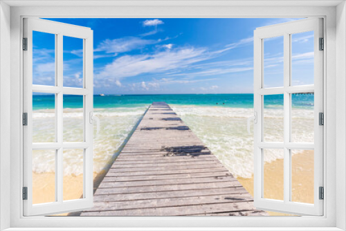 Fototapeta Naklejka Na Ścianę Okno 3D - Tropical paradise beach with white sand and coco palms travel tourism wide panorama background. Luxury vacation and holiday, tropical beach resort concept. Beautiful beach design in cancun, mexico