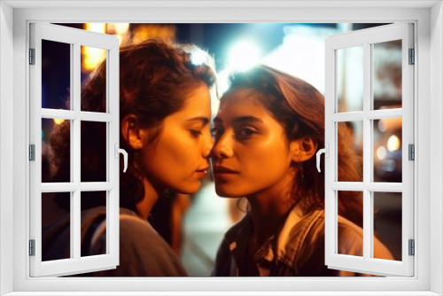 Young lesbian couple in their moment of intimacy at night in the street. This image was created with generative AI	