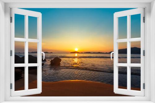 Fototapeta Naklejka Na Ścianę Okno 3D - Beach and rocks in seaside. Beautiful dramatic ocean sunset