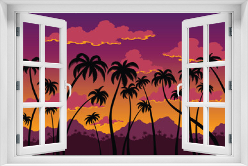 Fototapeta Naklejka Na Ścianę Okno 3D - California sunset landscape. Coast wallpaper with black silhouette palm trees. Nature panorama of scenic violet-orange sky, tropical forest and mountains. Vector illustration