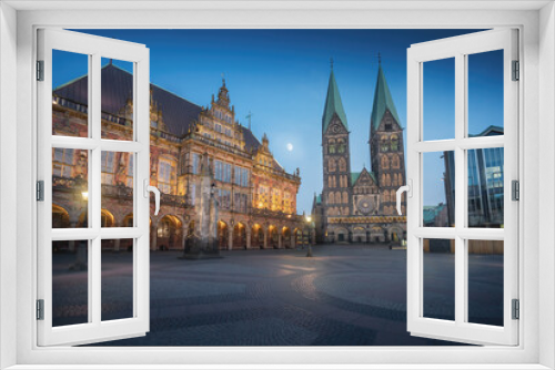 Fototapeta Naklejka Na Ścianę Okno 3D - Market Square with Cathedral and Old Town Hall at night - Bremen, Germany