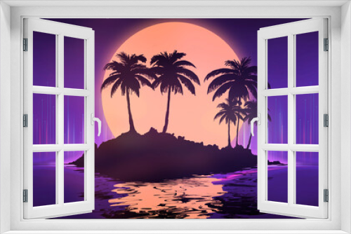 Fototapeta Naklejka Na Ścianę Okno 3D - Futuristic neon landscape with palm trees at sunset.