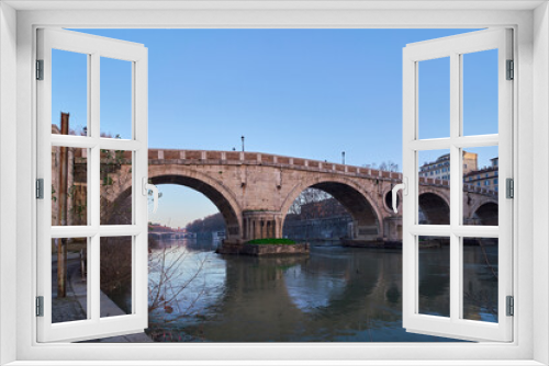 Fototapeta Naklejka Na Ścianę Okno 3D - Early morning view of Ponte Sisto from below, a bridge of river Tiber in Rome, Italy
