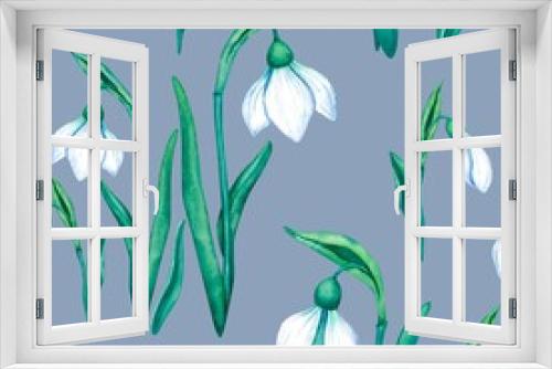 Fototapeta Naklejka Na Ścianę Okno 3D - Seamless pattern with watercolor snowdrops. Gentle blue flowers and buds with green leaves and stems on a gray background. Hand-drawn spring pattern. Design for textiles, wrapping paper, packaging.