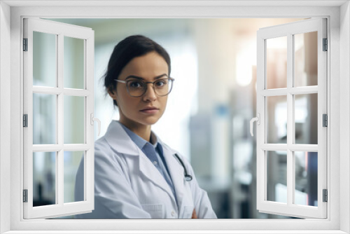 Young female doctor in lab coat looking at medical charts with serious expression in a hospital setting, generative ai