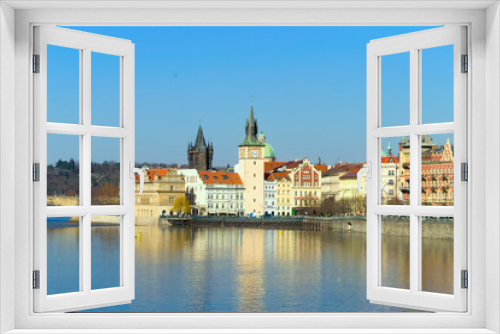 Fototapeta Naklejka Na Ścianę Okno 3D - View of the embankment of the Vltava River in Prague, historical buildings, Charles Bridge