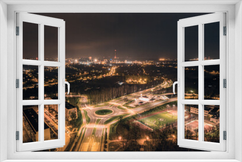 Fototapeta Naklejka Na Ścianę Okno 3D - Miasto nocą, rondo w mieście przemysłowym Jastrzębie Zdrój na Śląsku w Polsce, panorama z lotu ptaka