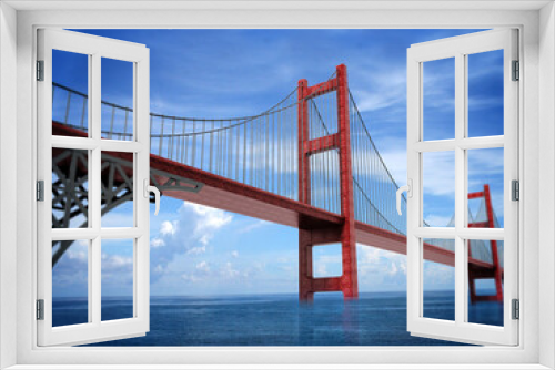 Fototapeta Naklejka Na Ścianę Okno 3D - Suspension bridge across the sea connecting two sides of the land. 3D illustration