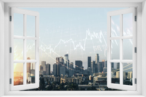 Fototapeta Naklejka Na Ścianę Okno 3D - Double exposure of abstract creative financial chart hologram on Los Angeles skyscrapers background, research and strategy concept