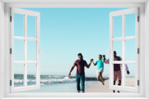 Fototapeta Naklejka Na Ścianę Okno 3D - Cheerful african american father and grandfather holding boy's hands and picking him up at beach
