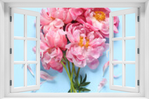 Fototapeta Naklejka Na Ścianę Okno 3D - Bunch of beautiful pink peonies and petals on light turquoise background, flat lay