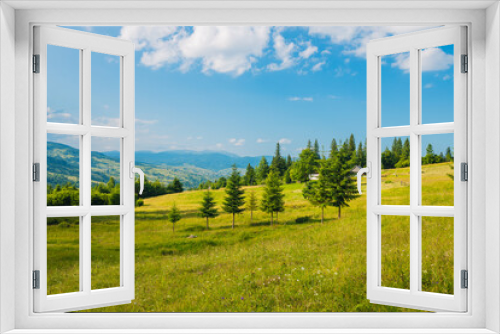 Fototapeta Naklejka Na Ścianę Okno 3D - Panoramic view of idyllic mountain scenery in the Carpathians with fresh green meadows in bloom on a beautiful sunny day in springtime, National Park