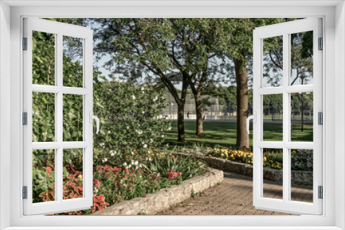 Fototapeta Naklejka Na Ścianę Okno 3D - Toronto, Ontario, Canada - August 17, 2014: People play tennis on courts behind the gardens of Jimmy Simpson Park planted with white Rose of Sharon and other ground cover