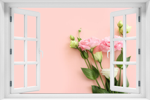 Fototapeta Naklejka Na Ścianę Okno 3D - Top view image of delicate pink flowers over pastel background
