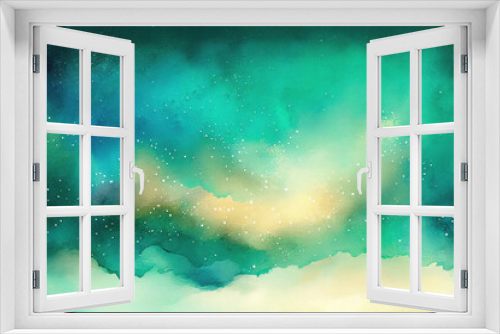 Watercolor green sky color background with cloud and sparkling, galaxy, universe. Generative AI