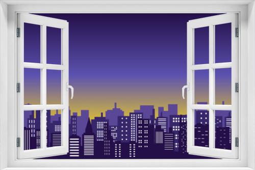 vector illustration with multi storey buildings in the city center and blue orange sky