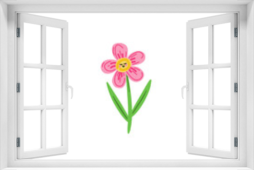 Fototapeta Naklejka Na Ścianę Okno 3D - hand drawn illustration aof a pink flower with smiling face stem and leaves on a transparent background