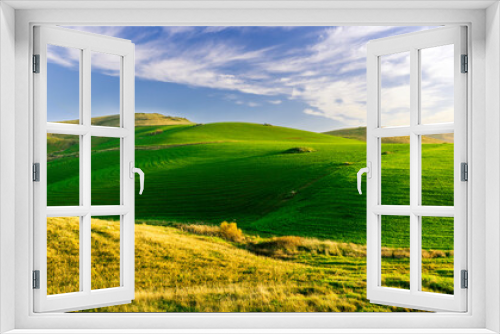 Fototapeta Naklejka Na Ścianę Okno 3D - countryside green field during sunrise of sunset in warm light. beautiful spring landscape in the mountains. grassy field and hills. rural scenery