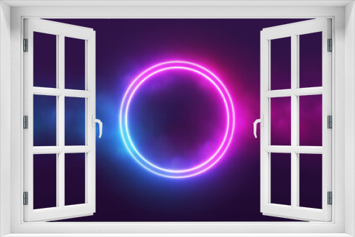 Fototapeta Naklejka Na Ścianę Okno 3D - Neon circle frame with smoke cloud, glowing gradient ring with colorful fog and double border. Illuminated realistic night scene. Futuristic portal concept. Vector illustration.