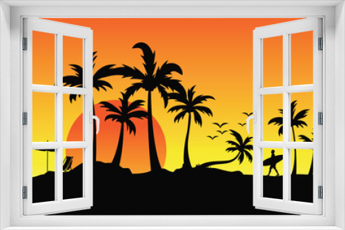 Fototapeta Naklejka Na Ścianę Okno 3D - Hello summer vector background , Summer beach, palm tree silhouette