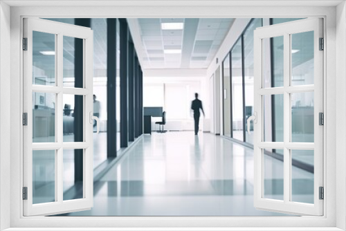 Office corridor, long exposure, motion blur effect, modern business center interior with blurred rushing people. Indoor background. Office life concept. AI generative image.