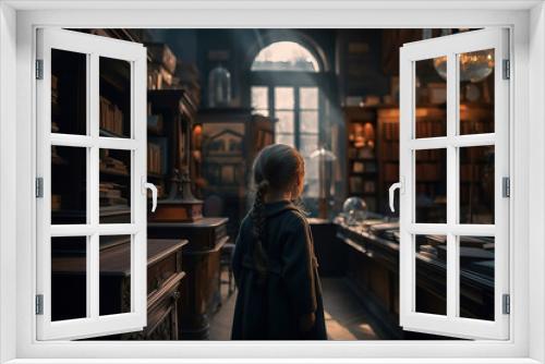 Back view of little girl in old magical library or vintage bookstore. Generative AI