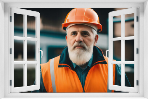 Builder, dressed in an orange vest and construction helmet on a dark background. Concept of active age. Generative AI