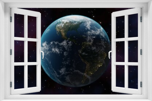 Fototapeta Naklejka Na Ścianę Okno 3D - World planet satellite, Stars, nebula and galaxy 3d render. Concept of climate change, dark night, cities lights, sunrise. Beautiful 3d earth planet. Sunrise from outer space