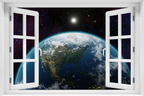 Fototapeta Naklejka Na Ścianę Okno 3D - Beautiful 3d earth planet 3d render. Concept of climate change, dark night, cities lights, sunrise. World planet satellite, Stars, nebula and galaxy. Sunrise from outer space