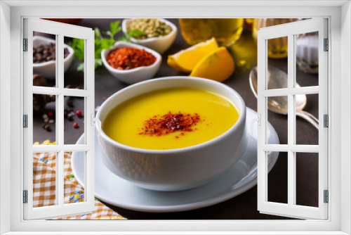 Fototapeta Naklejka Na Ścianę Okno 3D - Traditional delicious Turkish foods; Red lentil soup (Turkish name; Mercimek corbasi)