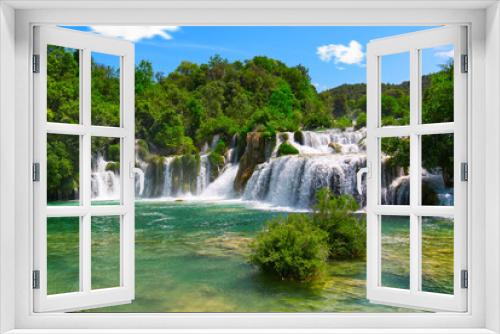 Fototapeta Naklejka Na Ścianę Okno 3D - Beautiful Waterfall background in sunny summer day. Beautiful Waterfall In Krka National Park - Croatia, Europe. Krka river waterfalls in the Krka National Park