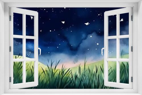 Grass meadow with night sky watercolor hand painting Generative AI